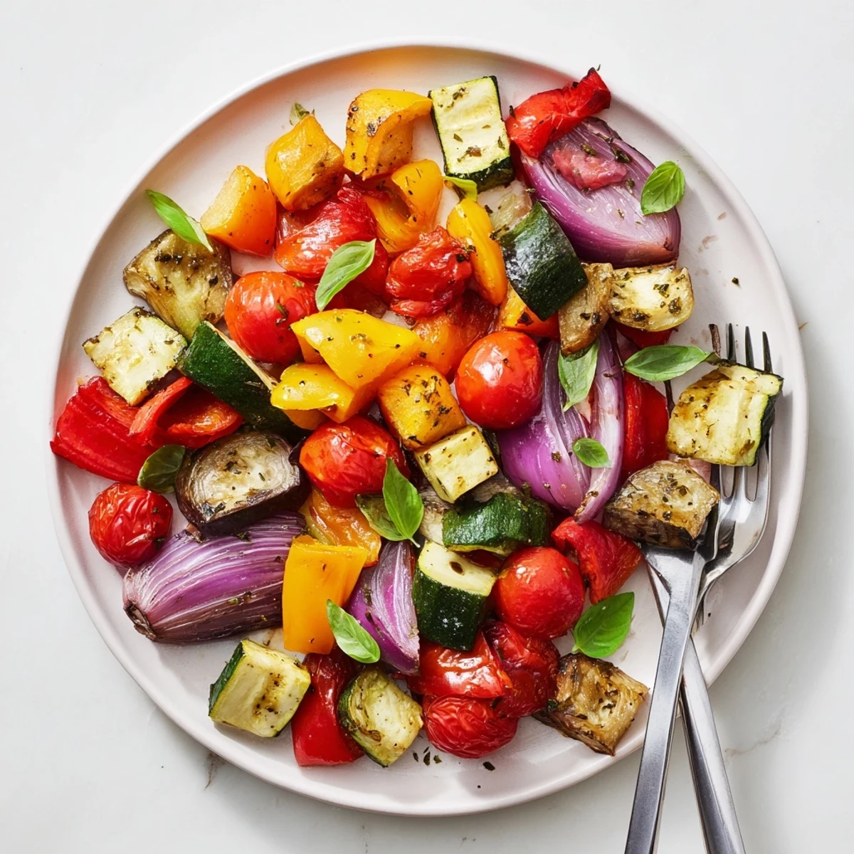 Crispy-edged classic Mediterranean roasted vegetables drizzled with olive oil and garnished with chopped green basil
