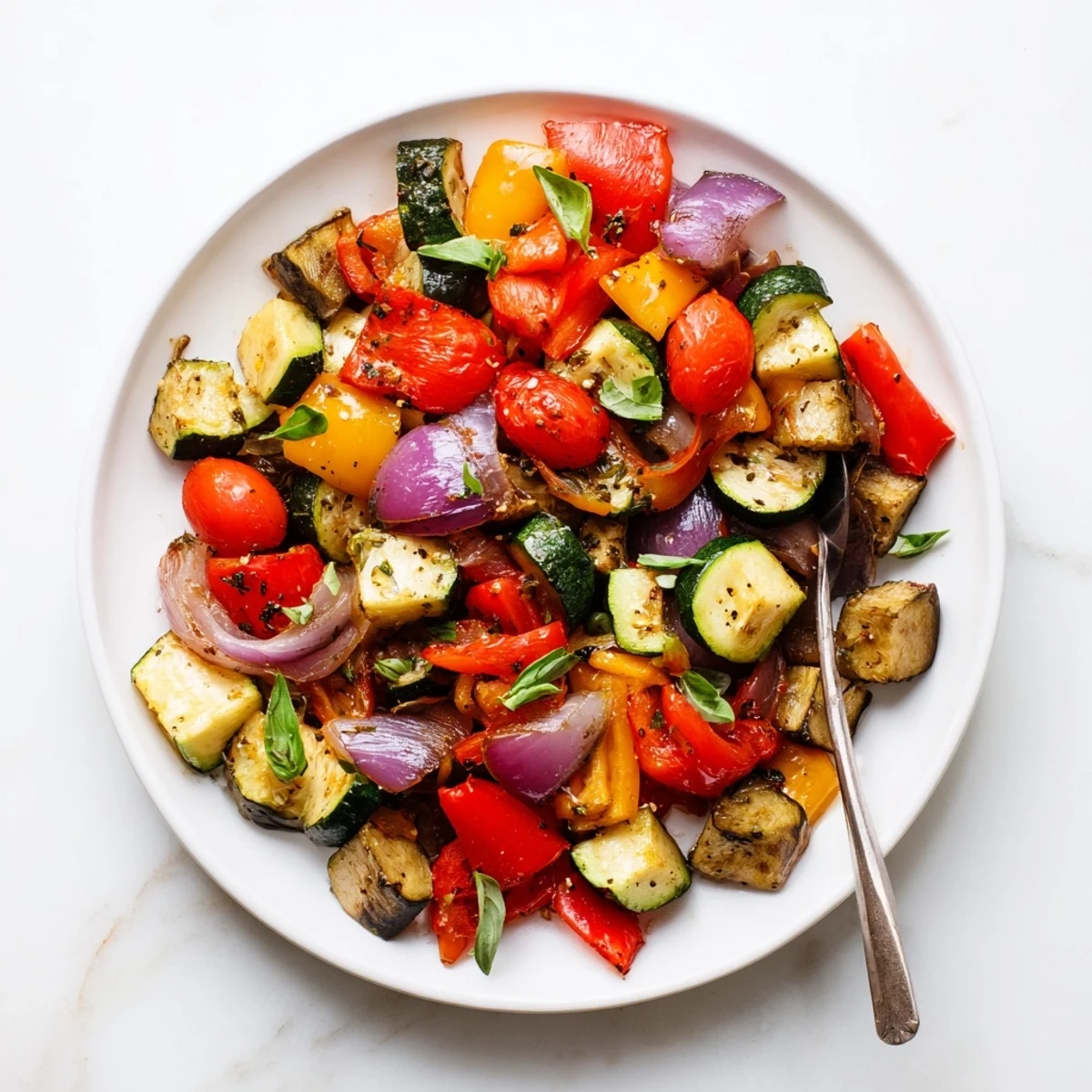 A sheet pan of tender classic Mediterranean roasted vegetables alongside cherry tomatoes and red onion wedges