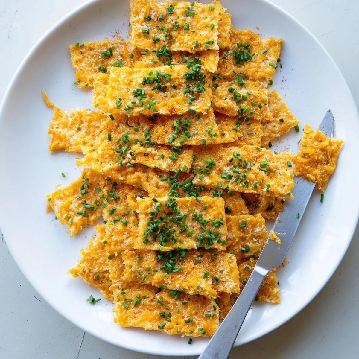 Golden baked cheese and herb snack squares arranged on a parchment-lined baking sheet