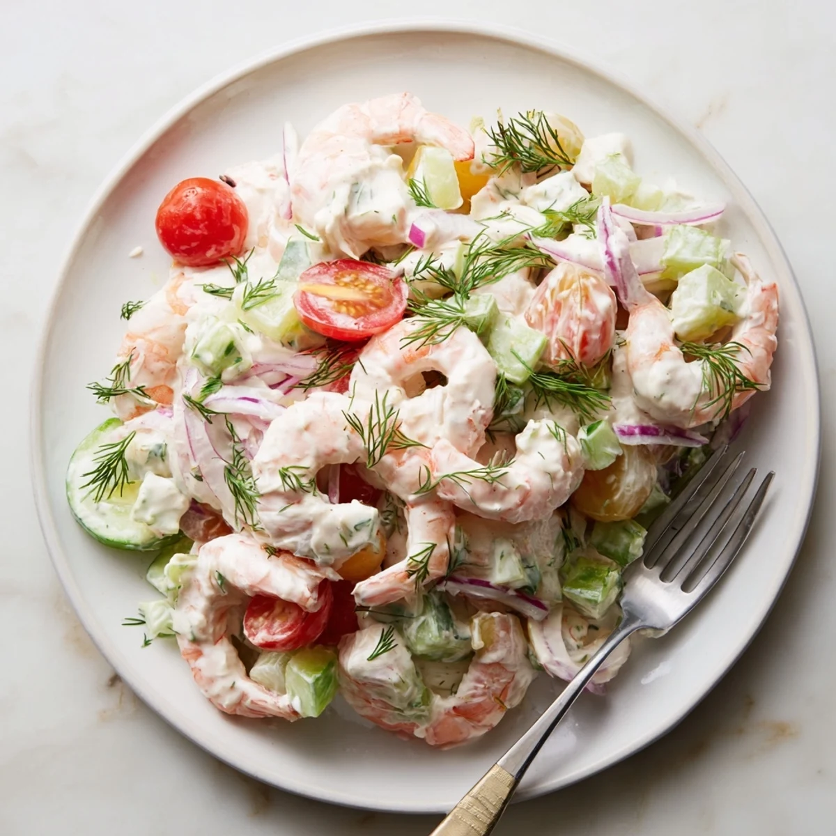 Chilled shrimp salad recipe with pink shrimp, crisp celery, and zesty lemon dressing served on greens.