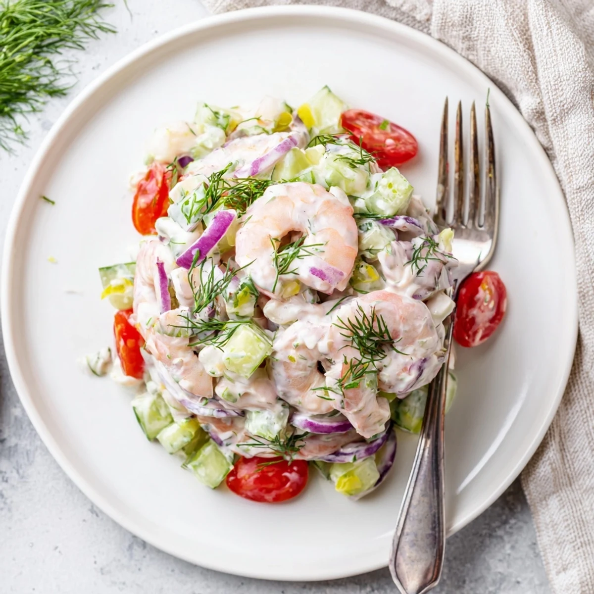 Easy shrimp salad recipe mounded on a plate with red onion, crisp veggies, and herbaceous dressing.