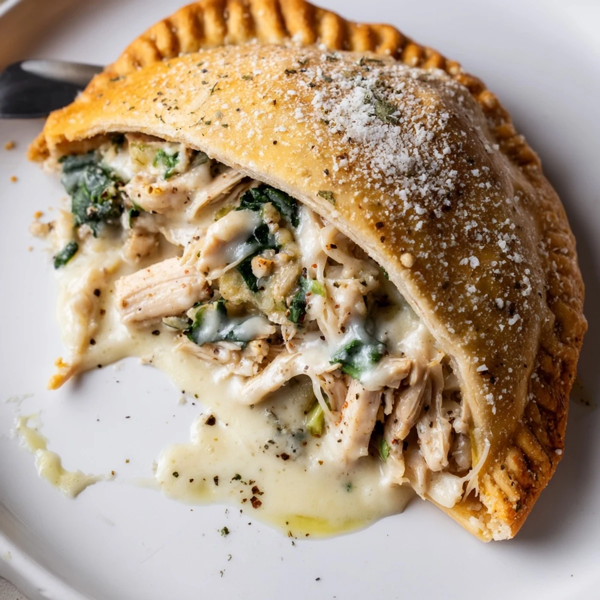 Crispy Cheesy Chicken Alfredo Air Fryer Calzones with golden crust and gooey cheese pull