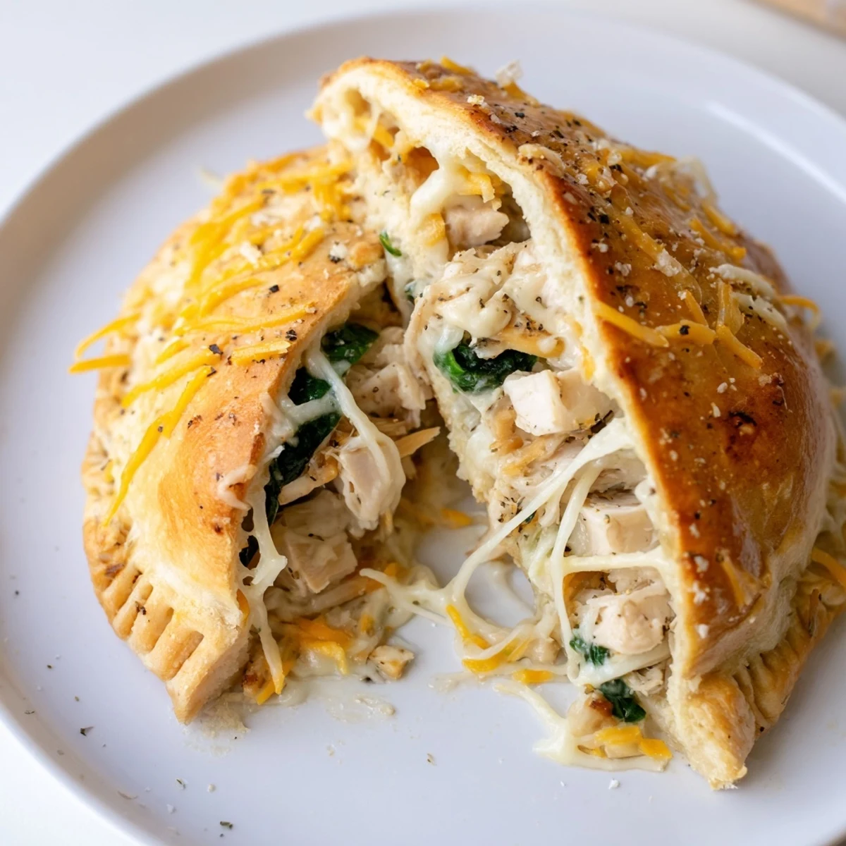 Sliced Crispy Cheesy Chicken Alfredo Air Fryer Calzones revealing tender, herb-flecked creamy filling