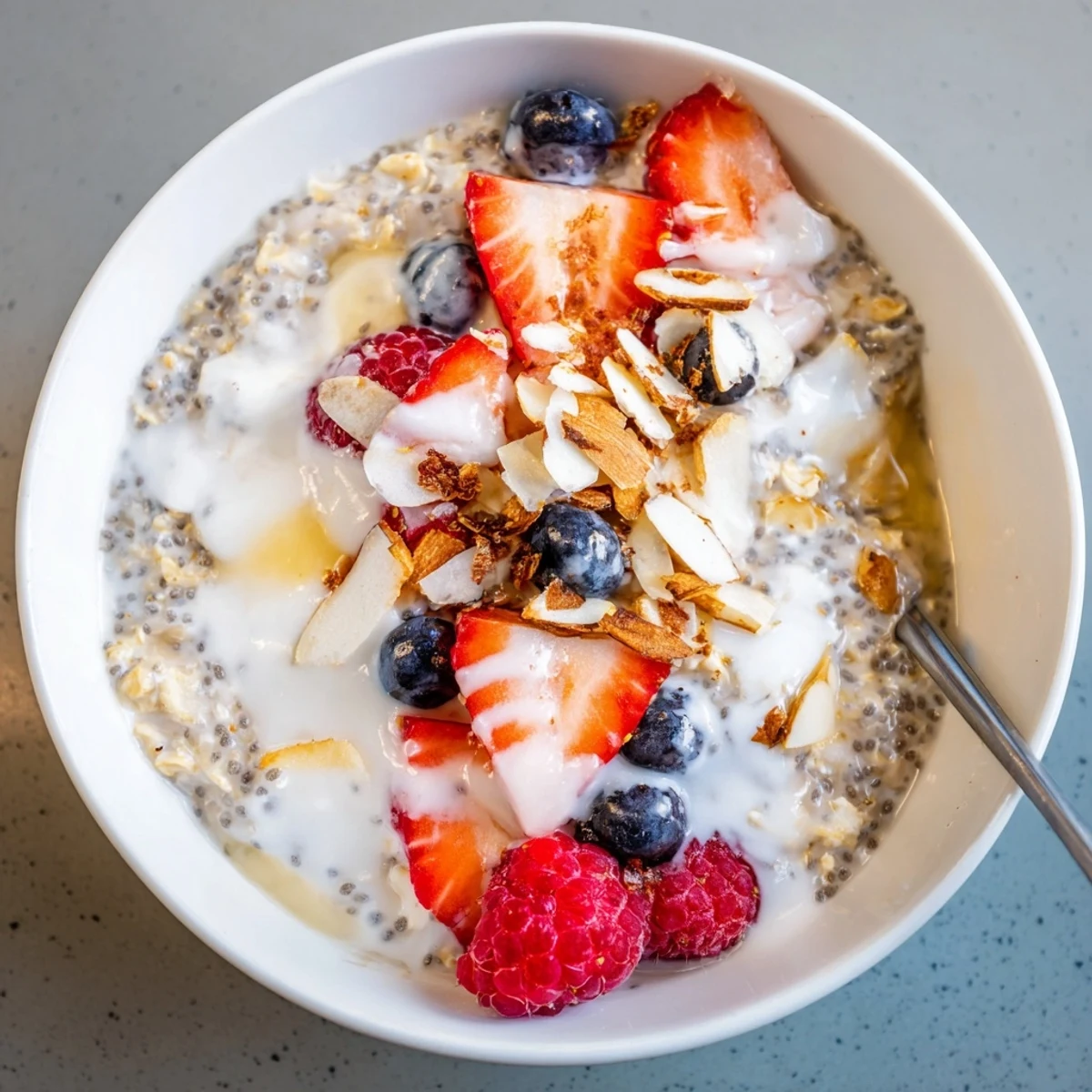 Creamy Healthy Coconut Cream Overnight Oats topped with berries and toasted coconut