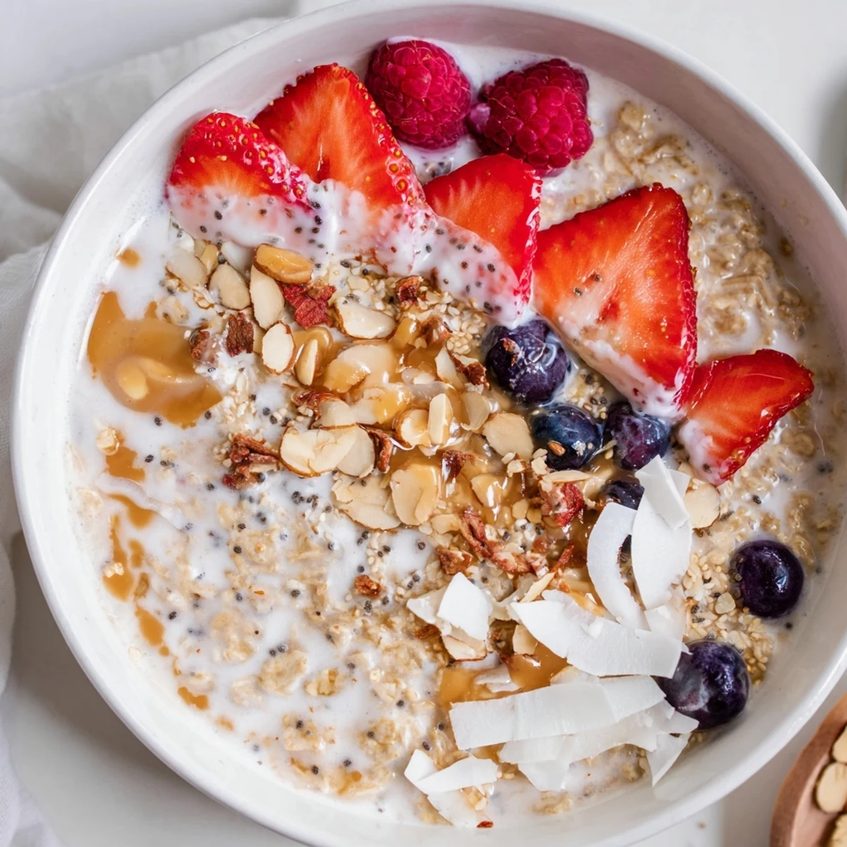 Jar of Healthy Coconut Cream Overnight Oats chilling, vanilla-scented and ready
