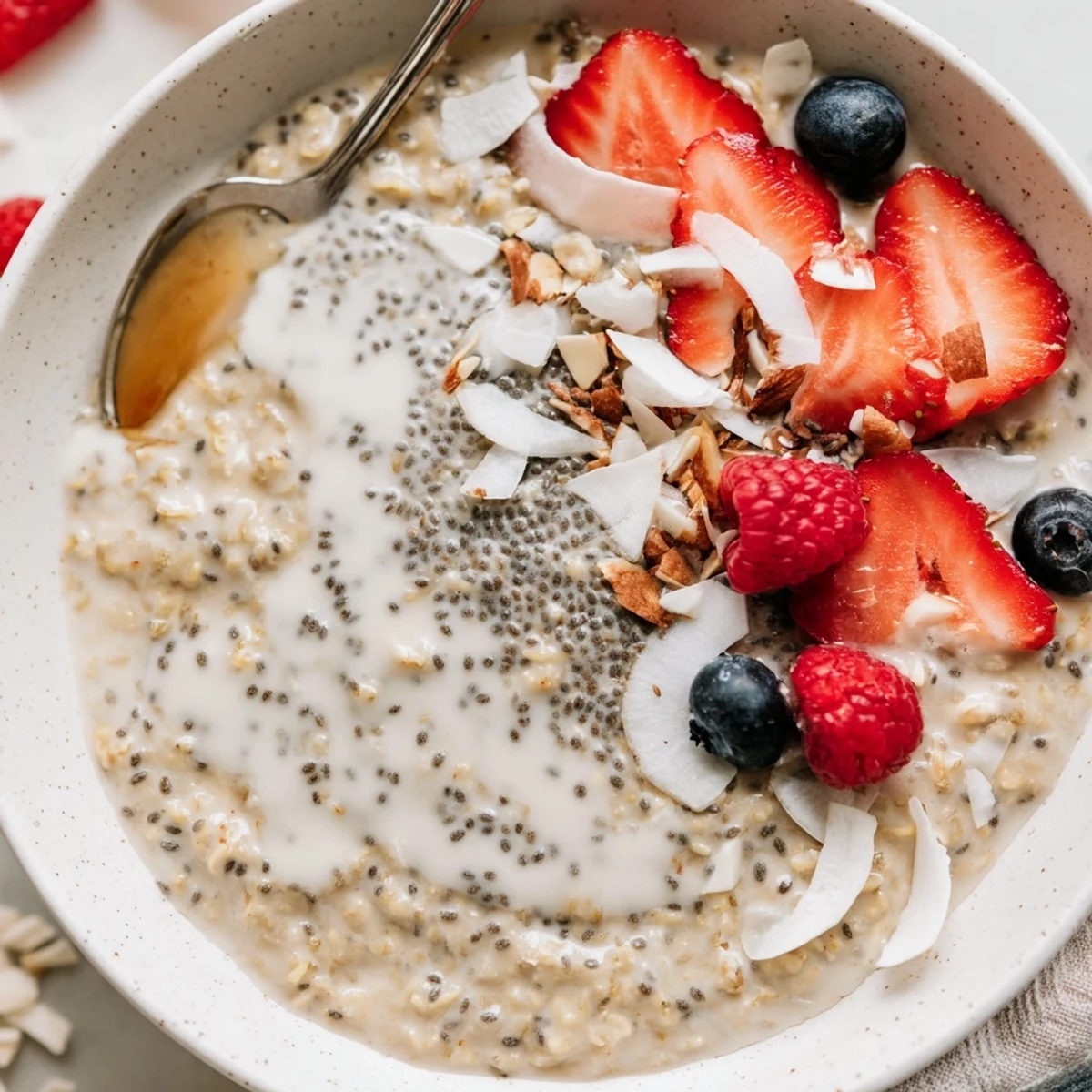Bowl of Healthy Coconut Cream Overnight Oats, velvety texture, drizzled with maple syrup