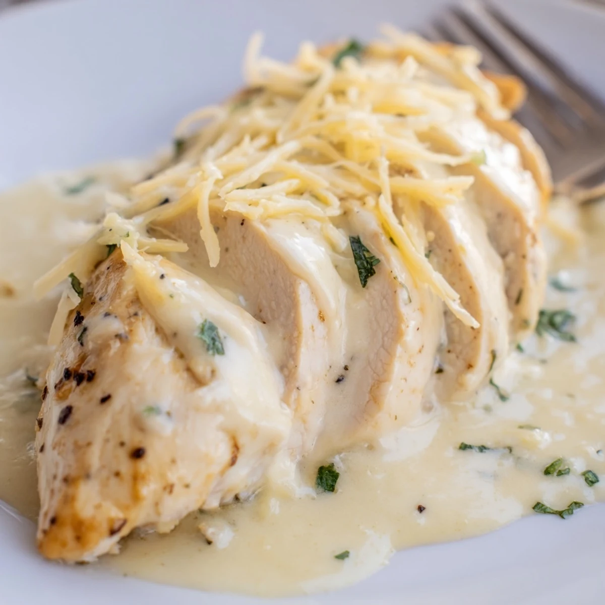 Oven-roasted Caesar chicken recipe with juicy breasts, golden parmesan crust, and parsley garnish