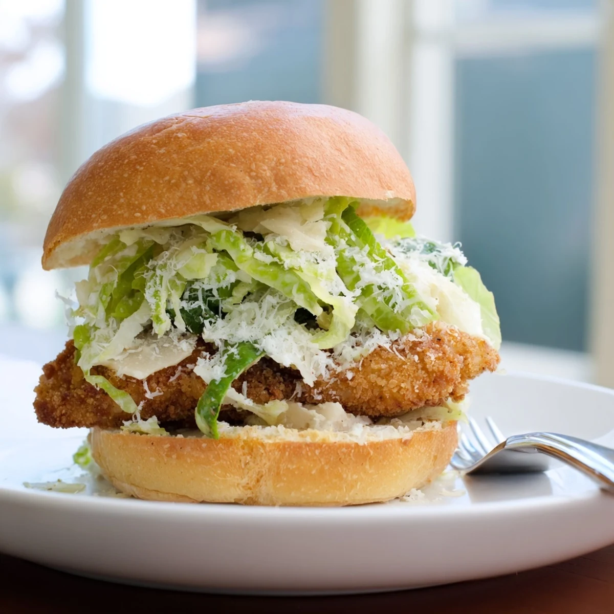 Toasted brioche holds the Crispy Chicken Caesar Sandwich Recipe, creamy and crunchy.  