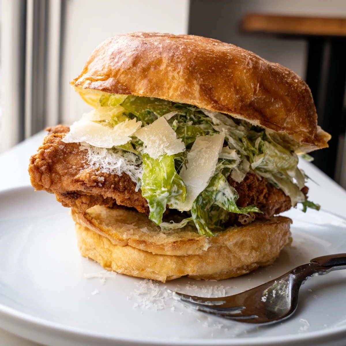 Crispy Chicken Caesar Sandwich Recipe served hot with lemon wedge and fries.