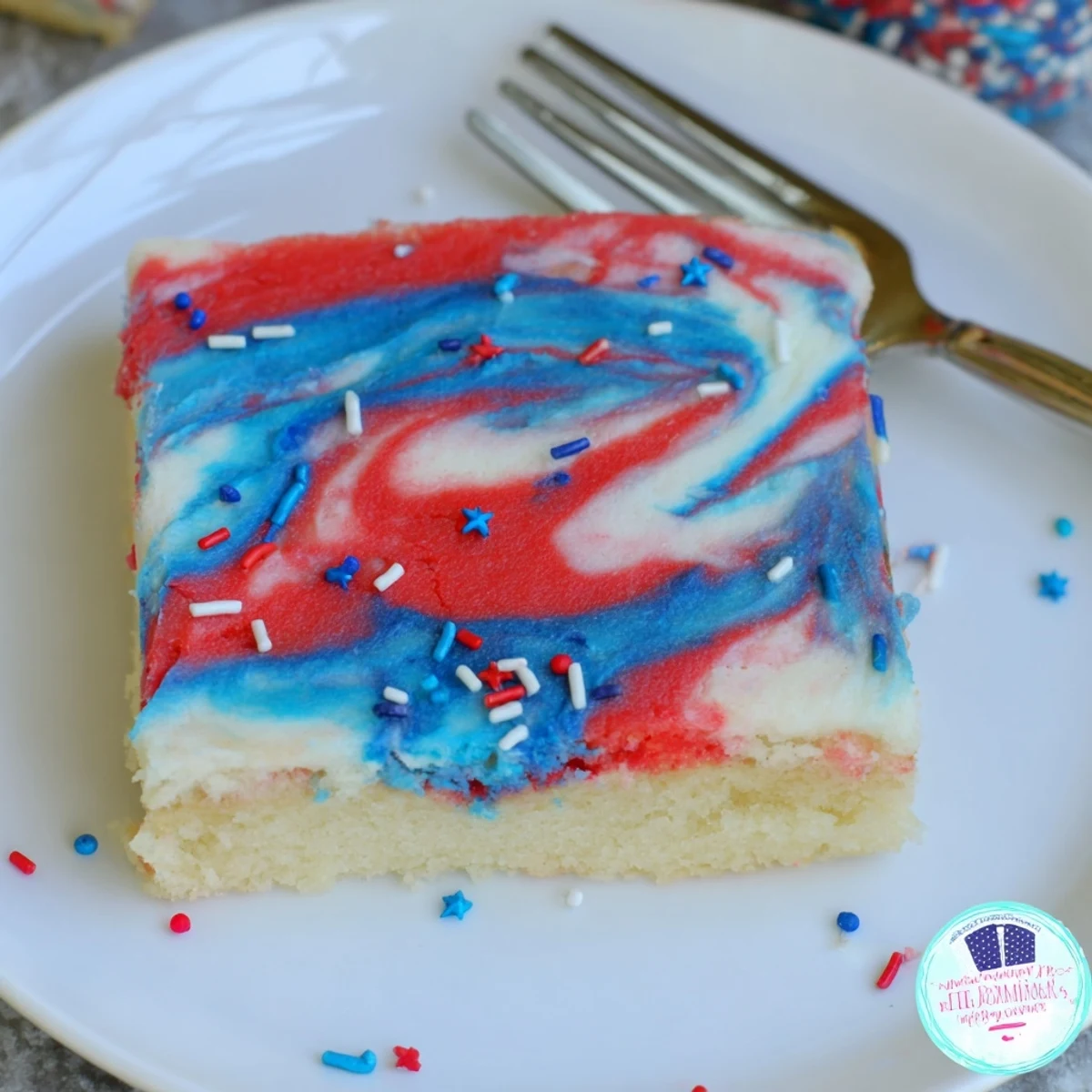 Brightly frosted Patriotic Sugar Cookie Bars 4th Of July Dessert Recipe perfect for summer