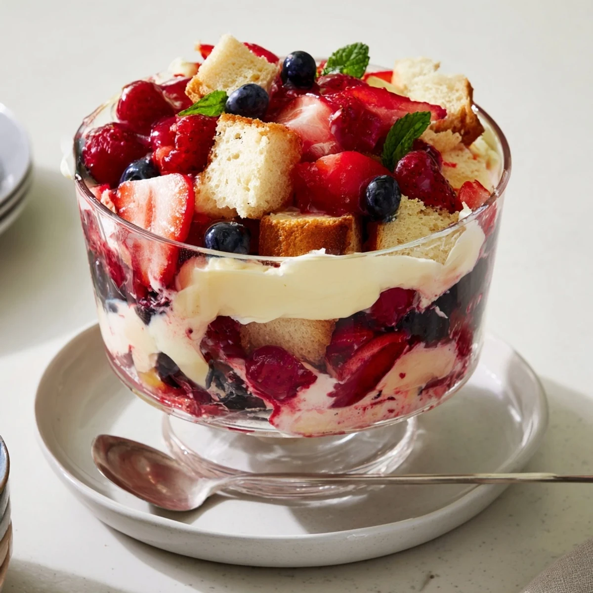 Chilled Berry Vanilla Cream Trifle topped with mint and glossy mixed berries