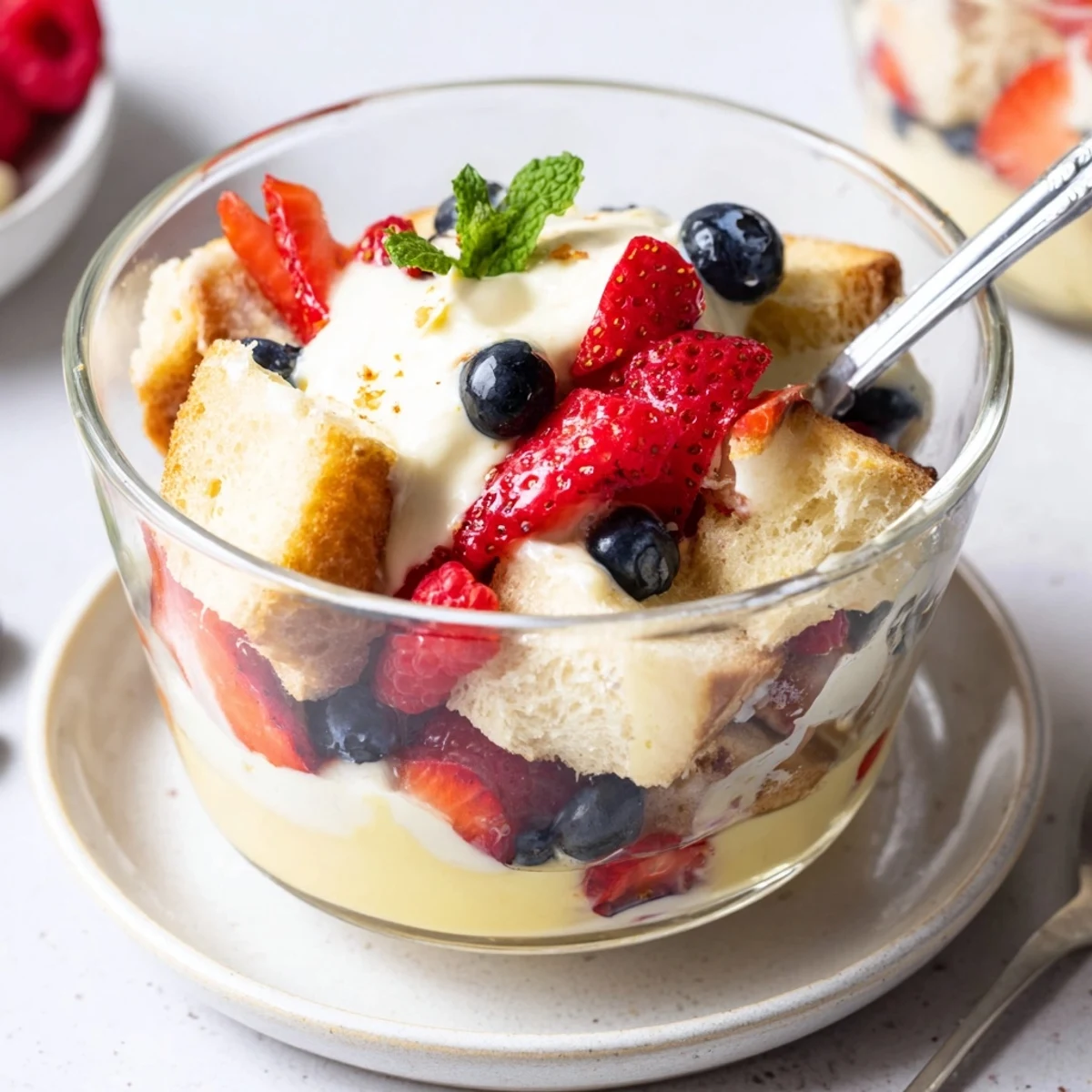 Berry Vanilla Cream Trifle layered with juicy berries, fluffy cake, and custard