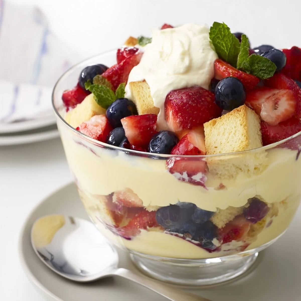 Individual Berry Vanilla Cream Trifle servings in glass bowls, silky cream, tangy fruit