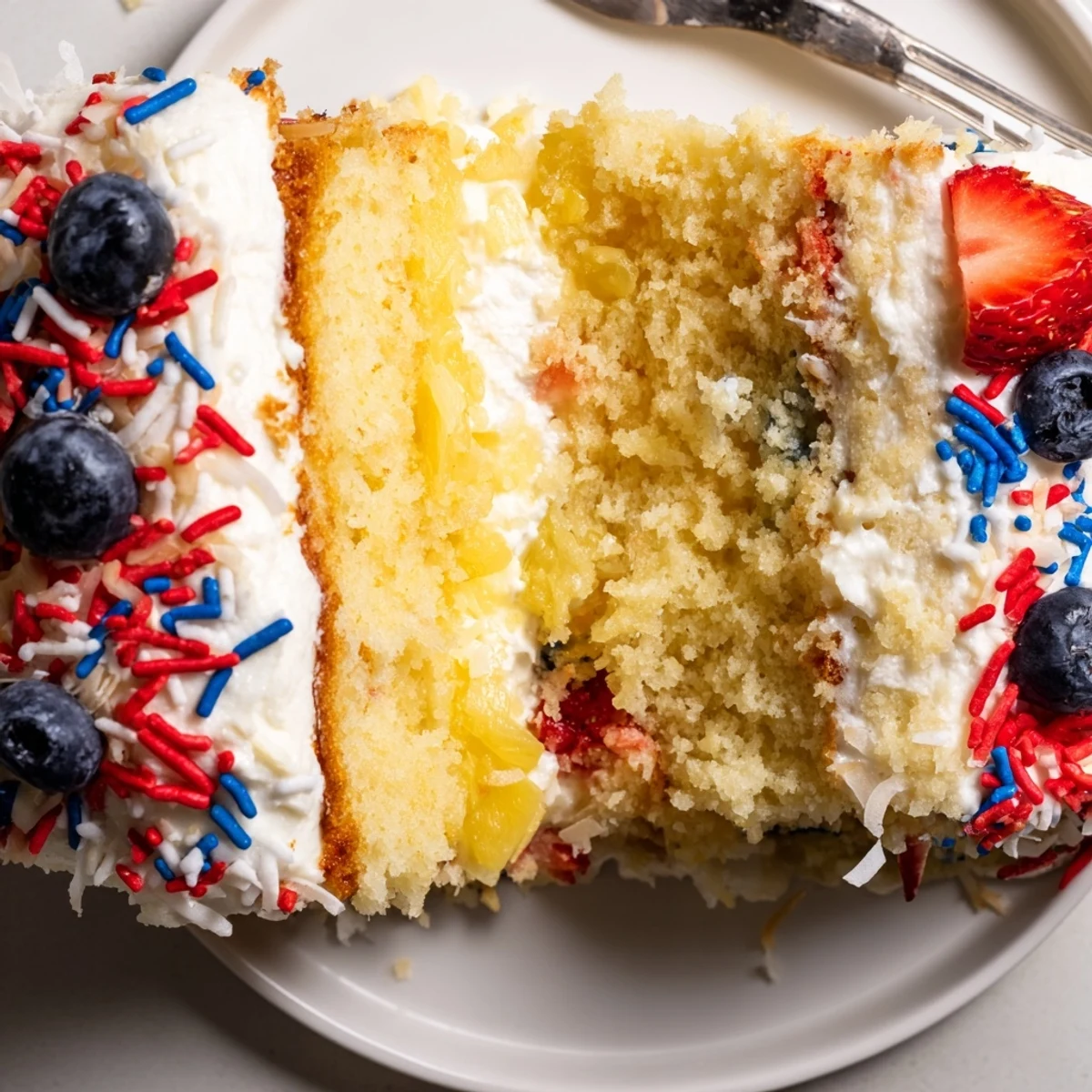 Pineapple Coconut God Bless America Cake layered with sweet pineapple filling, toasted coconut