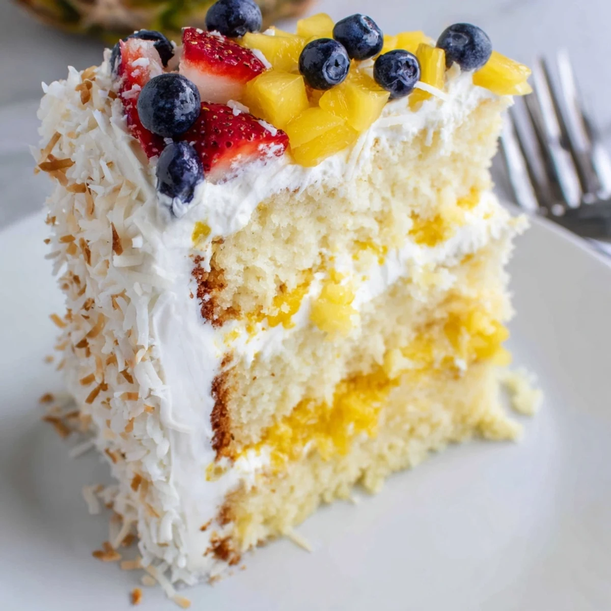 Patriotic picnic centerpiece Pineapple Coconut God Bless America Cake topped with fresh berries