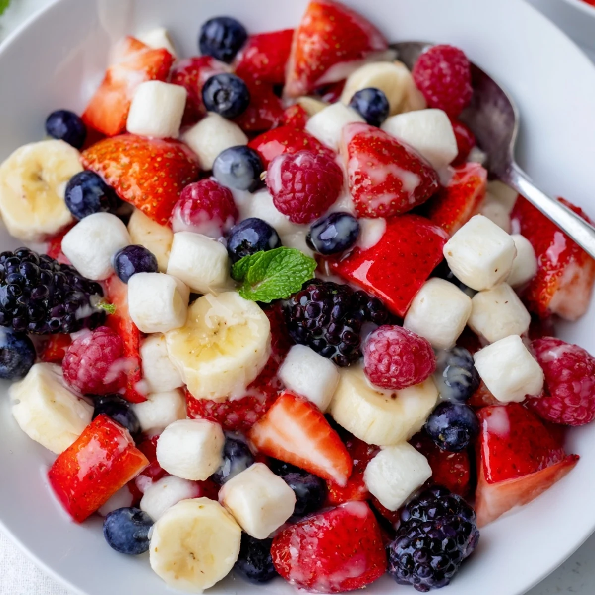 Chilled Red White And Blue Fruit Salad served in bowl, zesty lime aroma