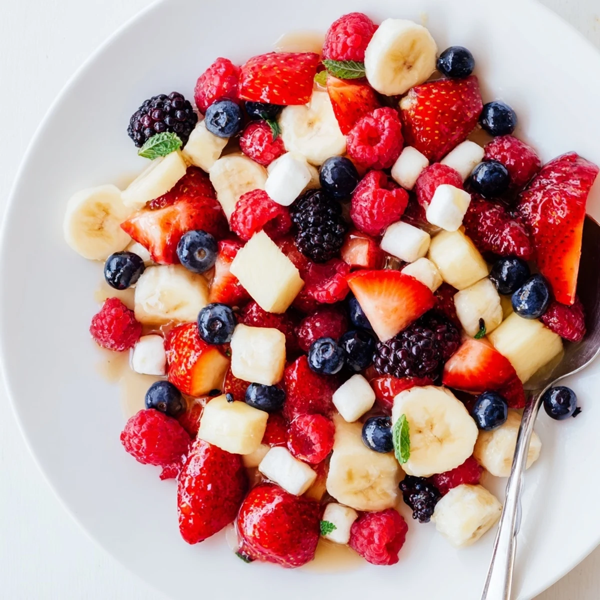 Bright Red White And Blue Fruit Salad with juicy berries, pineapple, and marshmallows