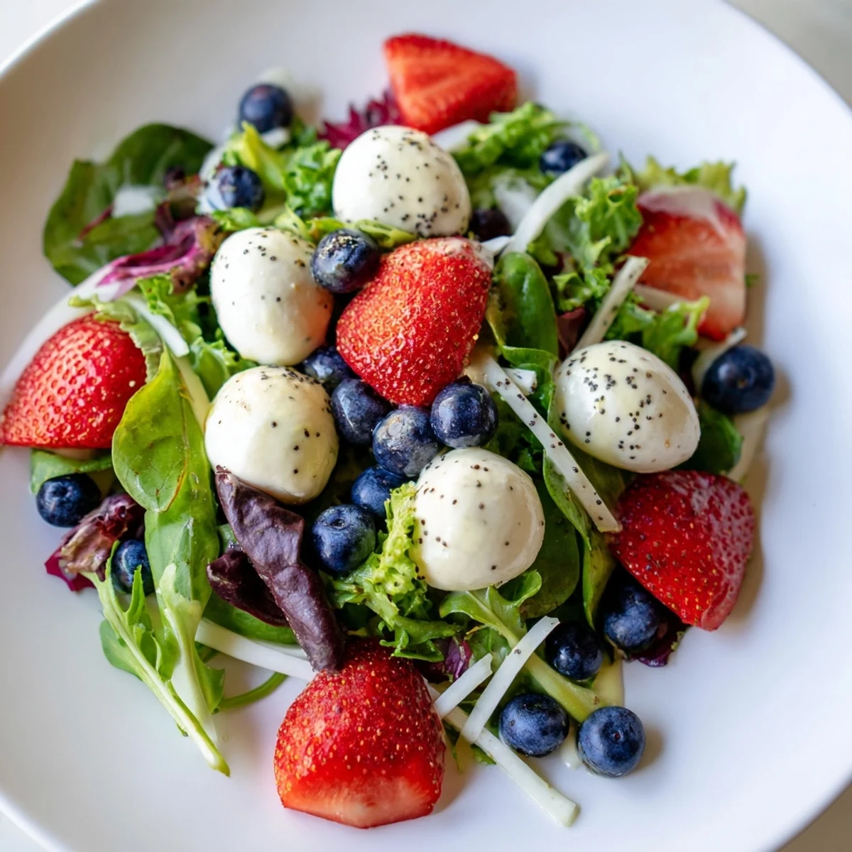 4th Of July Salad piled with berries, mozzarella, crisp jicama, tangy poppy dressing