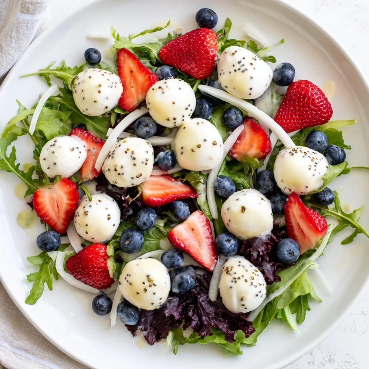 Serve 4th Of July Salad chilled on a platter, garnished with almonds