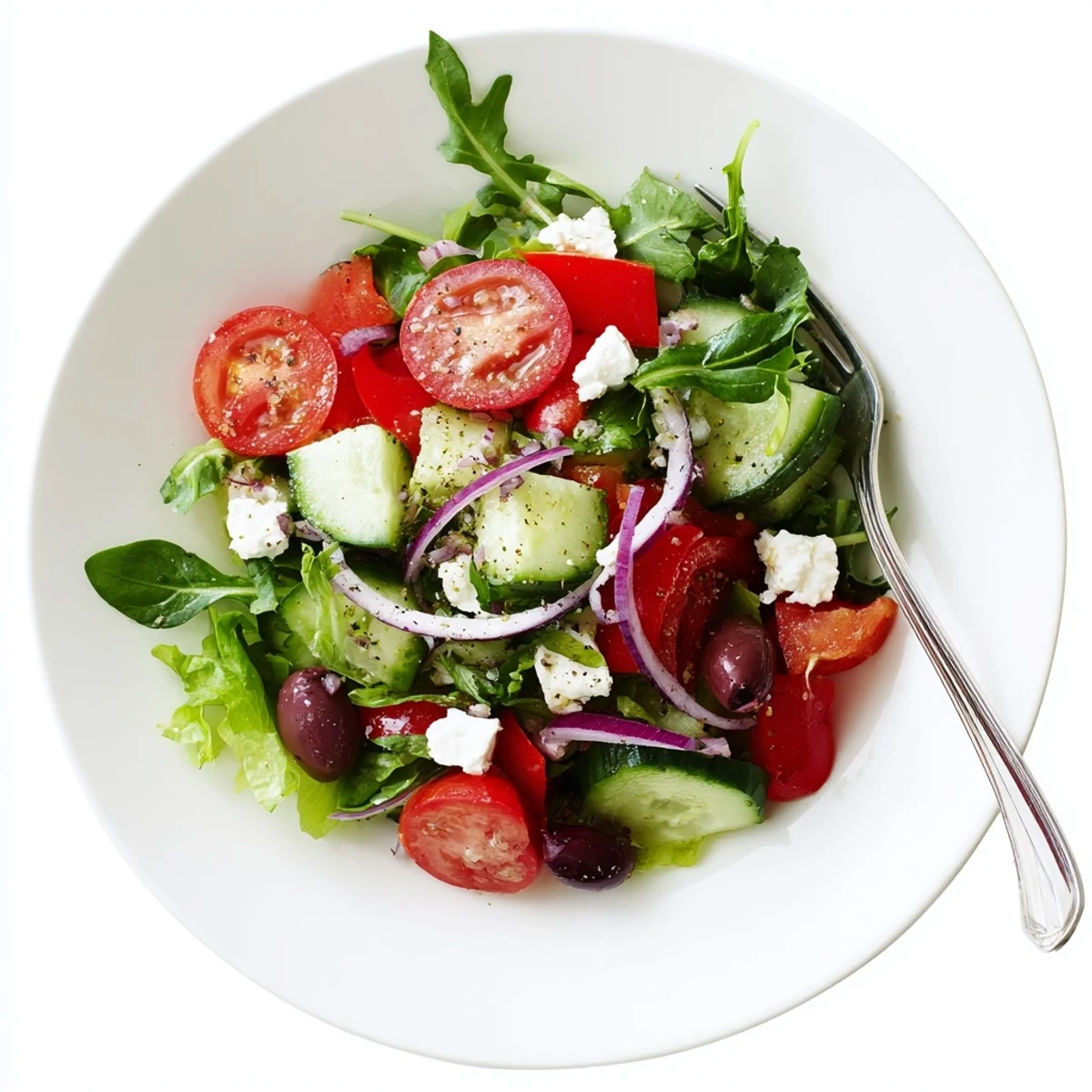 Bright Fresh Salad Recipe bursting with cherry tomatoes, crisp cucumbers, lemony dressing.