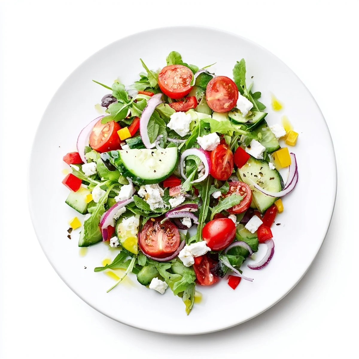 Bowl of Fresh Salad Recipe tossed in olive oil, ready to serve.
