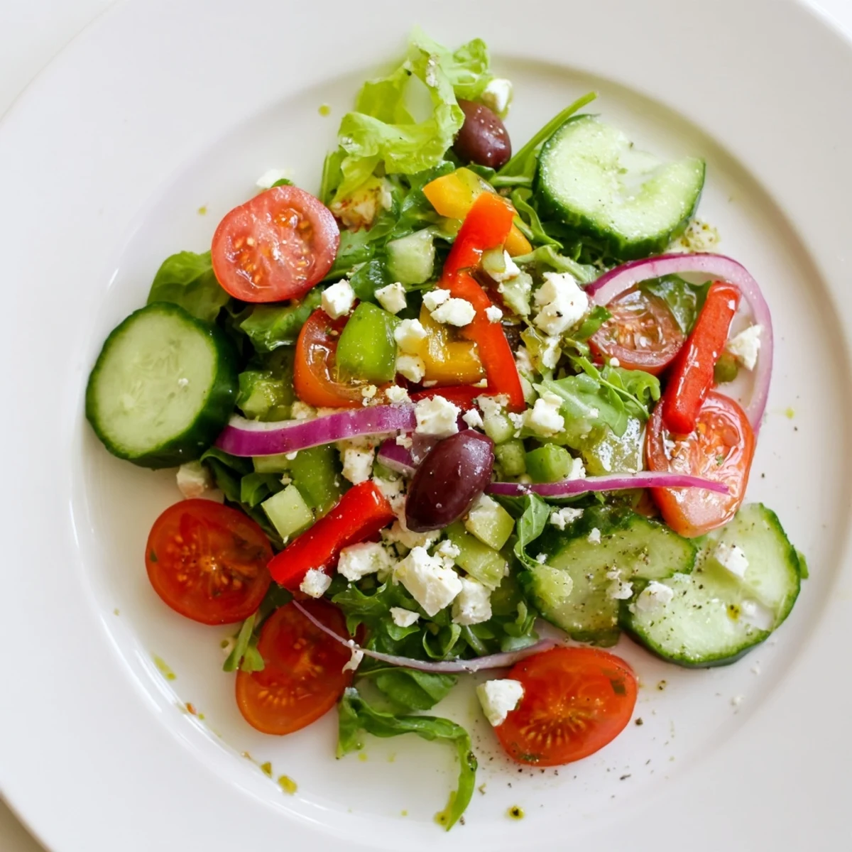Fresh Salad Recipe layered with peppery arugula, tangy feta, crunchy bell pepper.