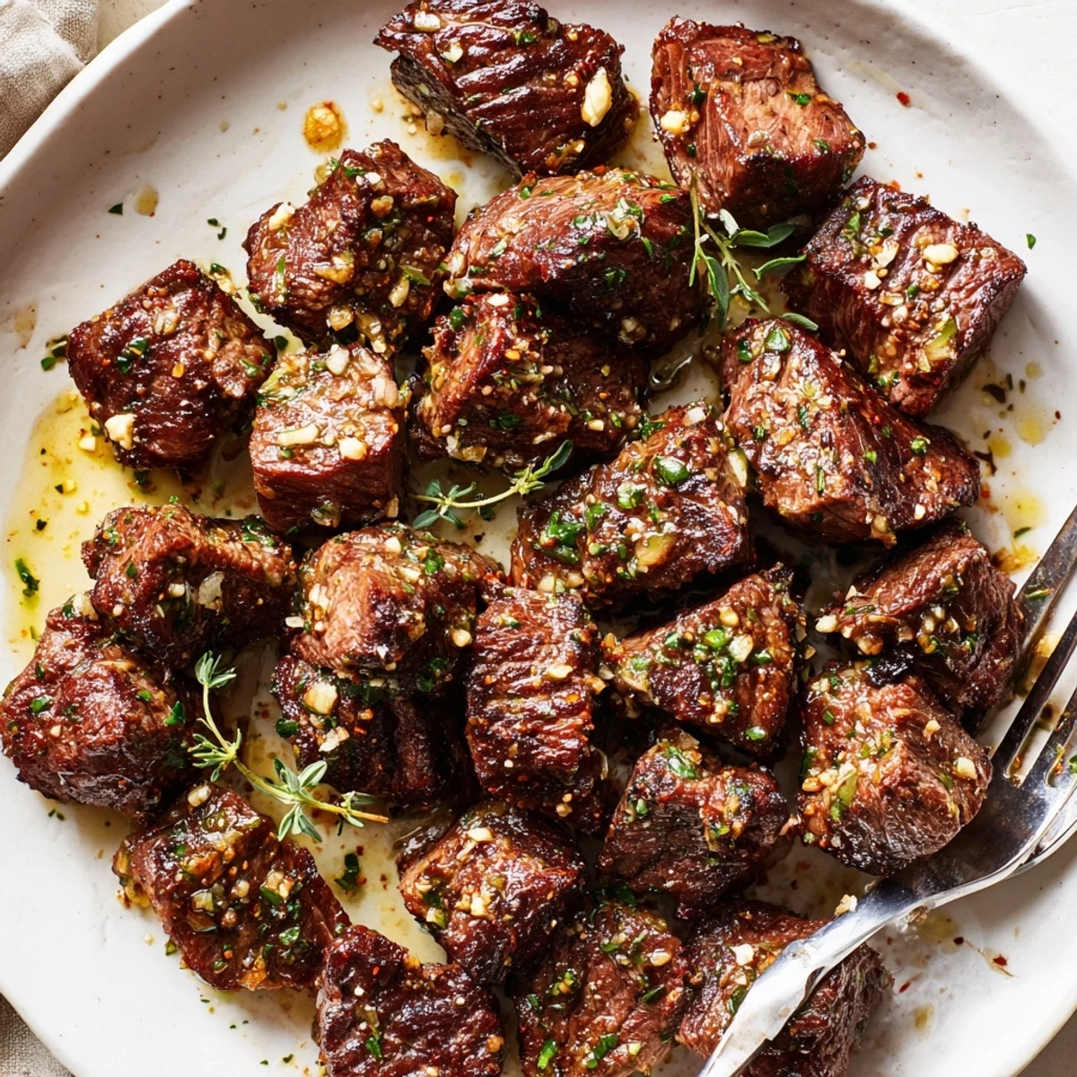 Garlic Butter Steak Bites sizzling in cast-iron, glossy garlic butter, parsley garnish