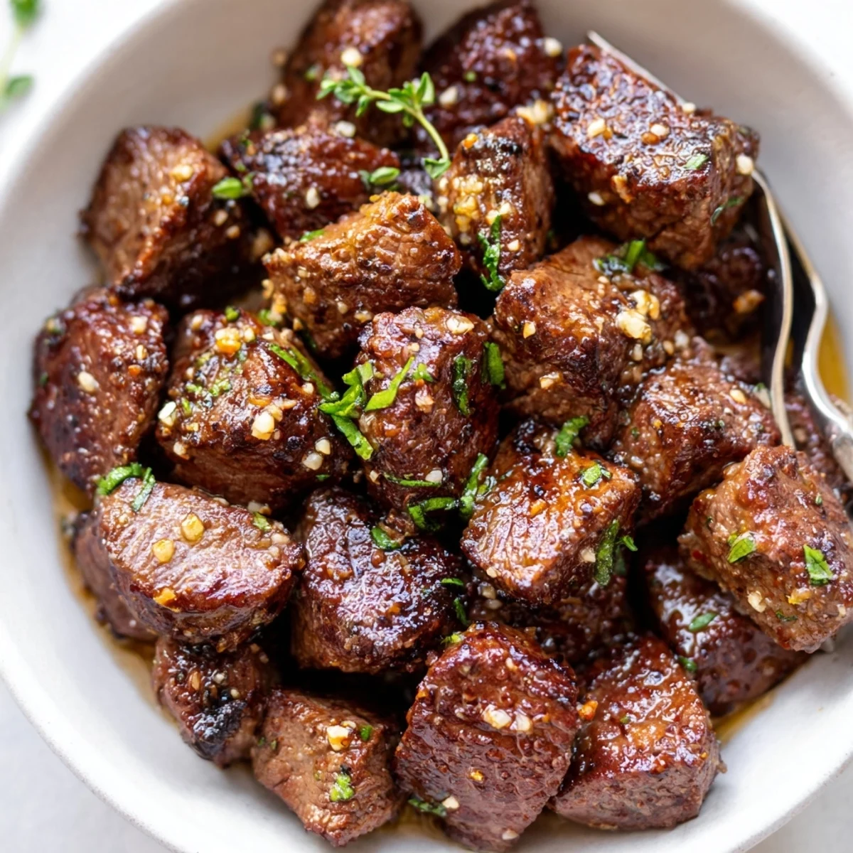 Pan-seared Garlic Butter Steak Bites resting on mashed potatoes, buttery aroma