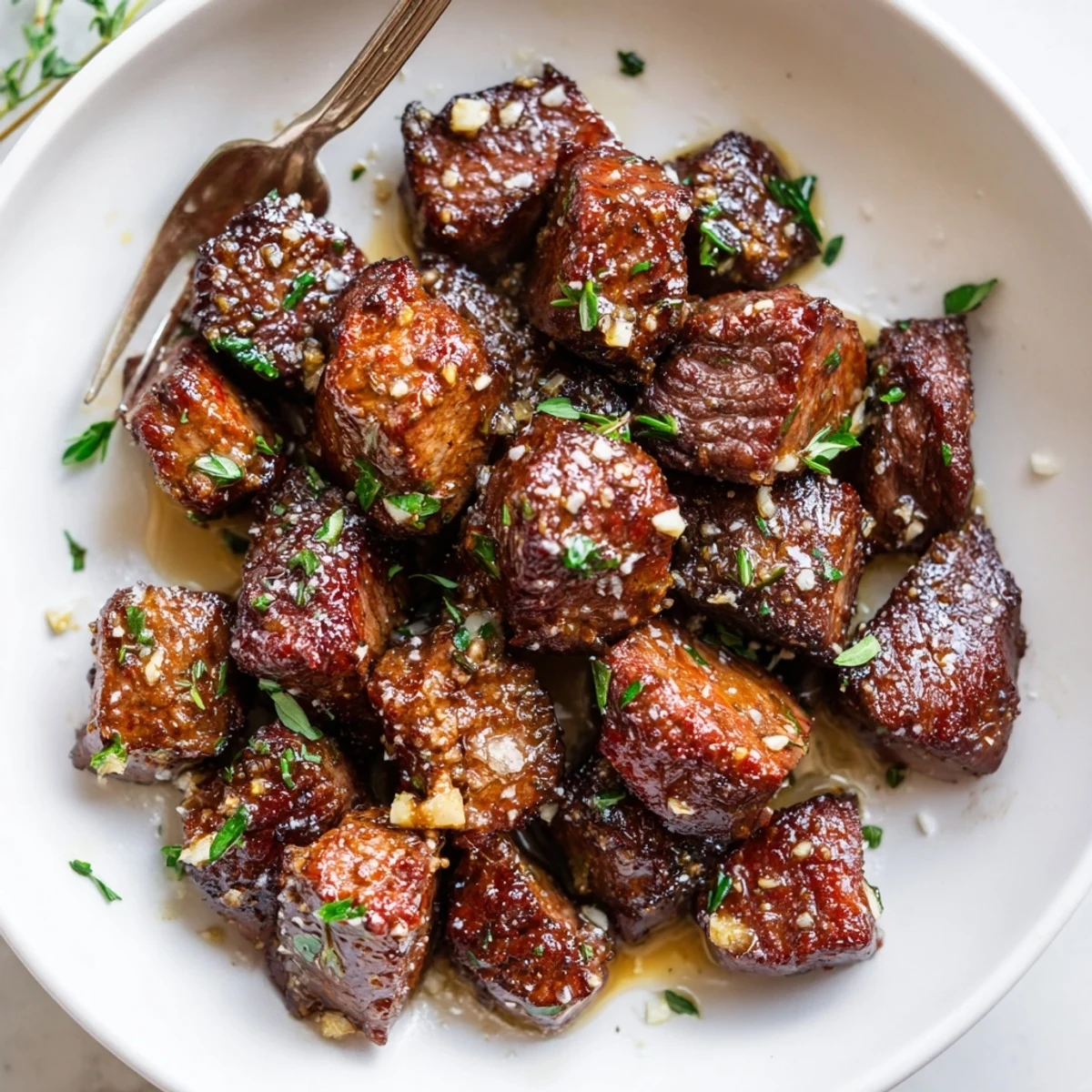 Garlic Butter Steak Bites tossed in glossy butter sauce, tender, herb-sprinkled
