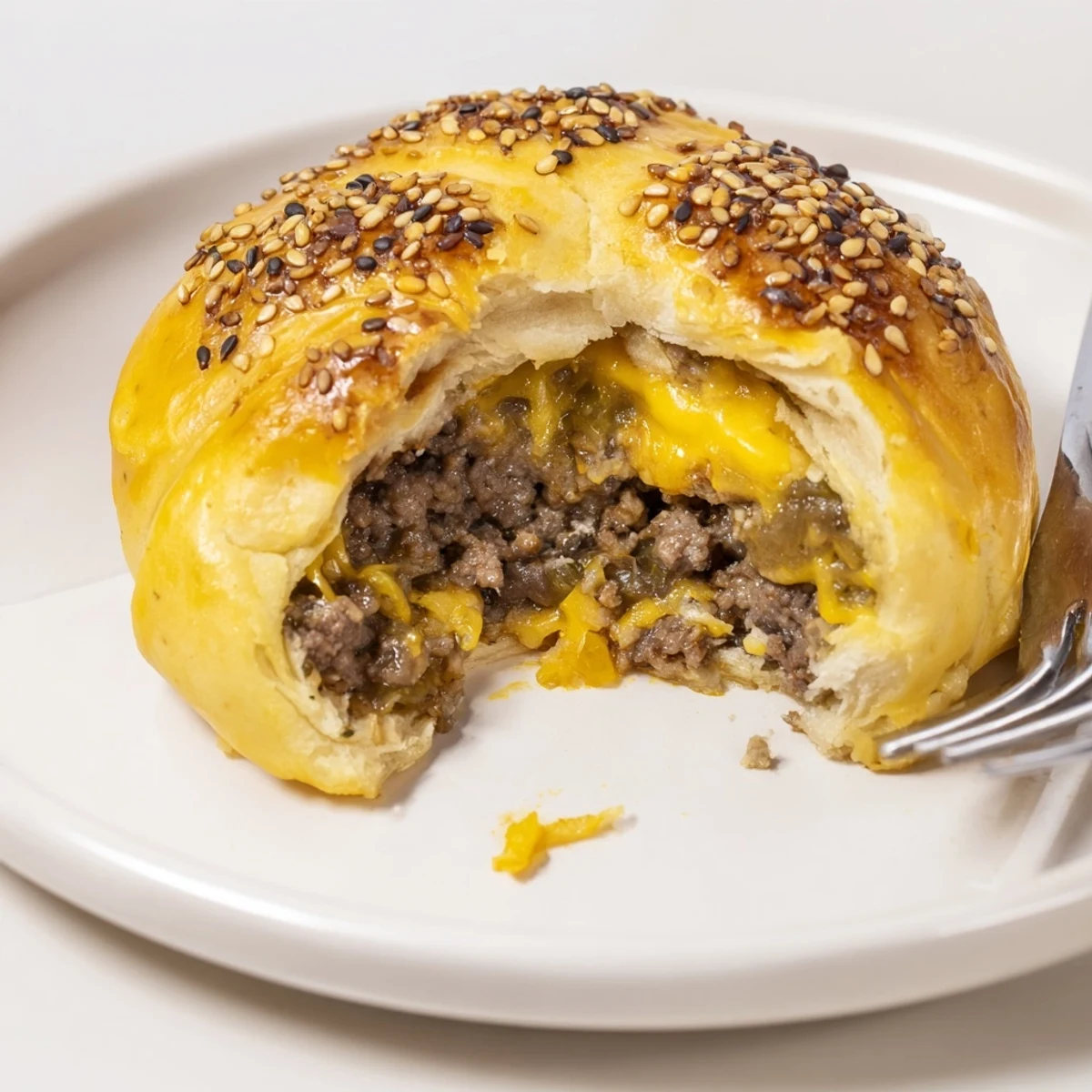 Golden biscuit pockets of Cheesy Cheeseburger Bombs Explosion Recipe steaming with melted cheese