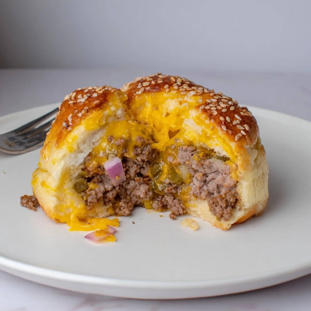 Handheld Cheesy Cheeseburger Bombs Explosion Recipe oozing cheddar, sesame-topped and ready for dipping