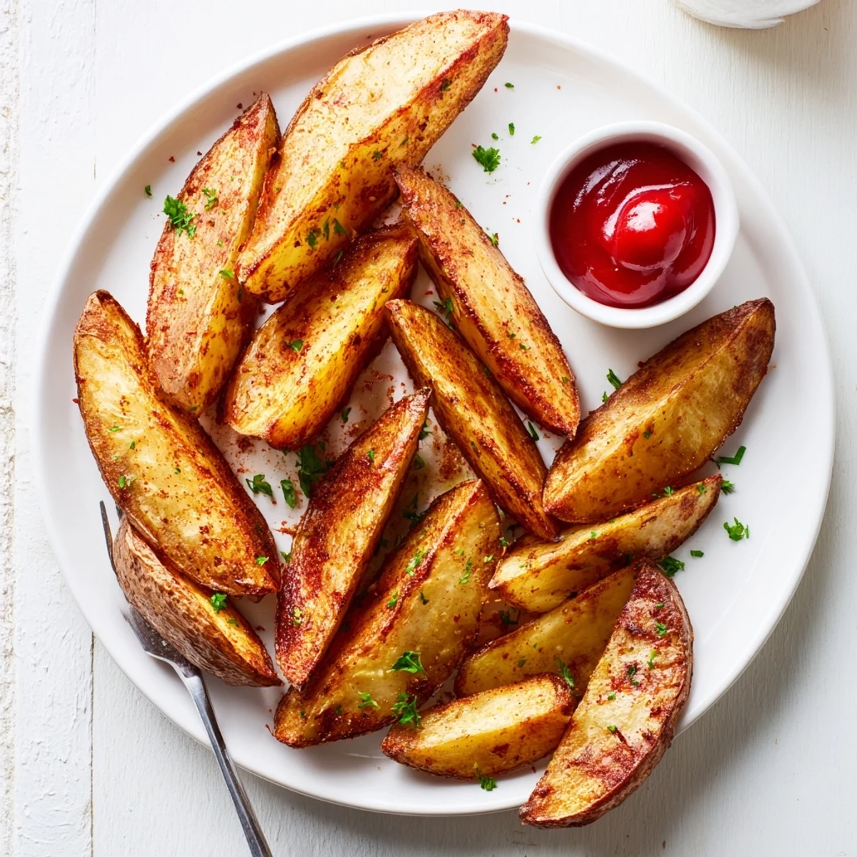 Oven-baked Potato Wedges with golden crispy edges, fluffy centers, sprinkled parsley