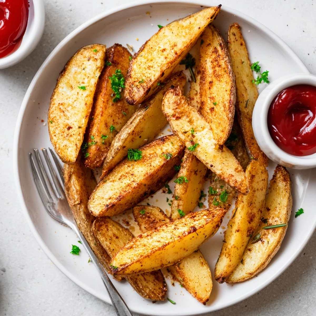 Crispy seasoned Potato Wedges served hot with ketchup, smoky paprika aroma