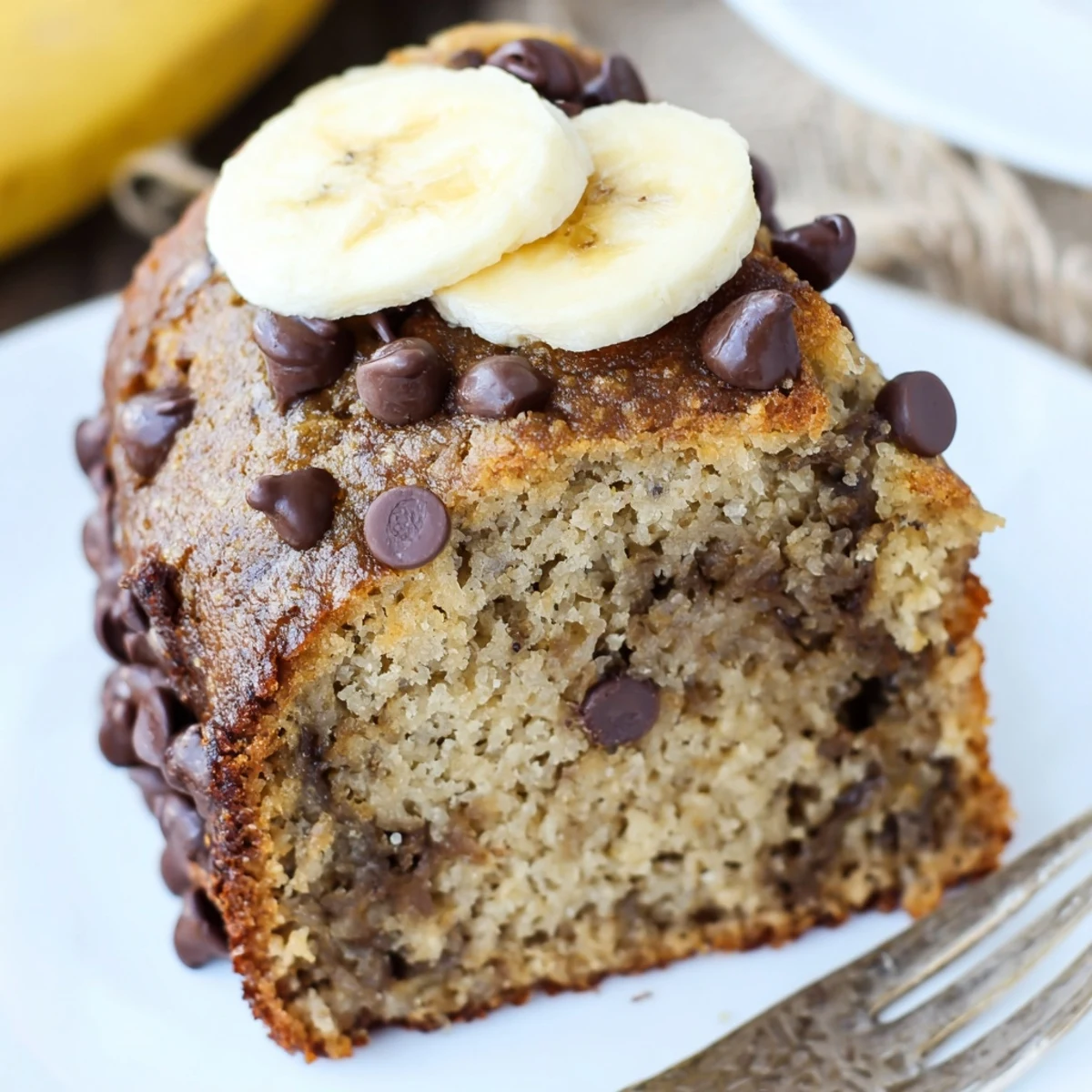 Moist Banana Chocolate Chip Cake cooling on wire rack, warm chocolate pockets