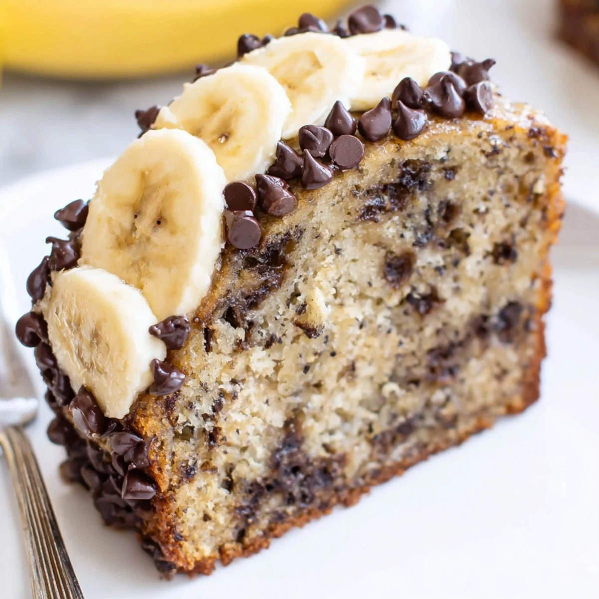 Slice of Banana Chocolate Chip Cake with melting vanilla ice cream, fork