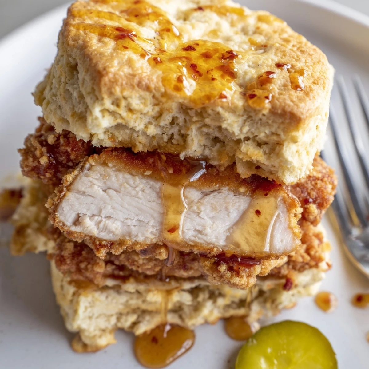 Hot Honey Chicken Biscuits with golden fried chicken, honey drizzle, flaky texture