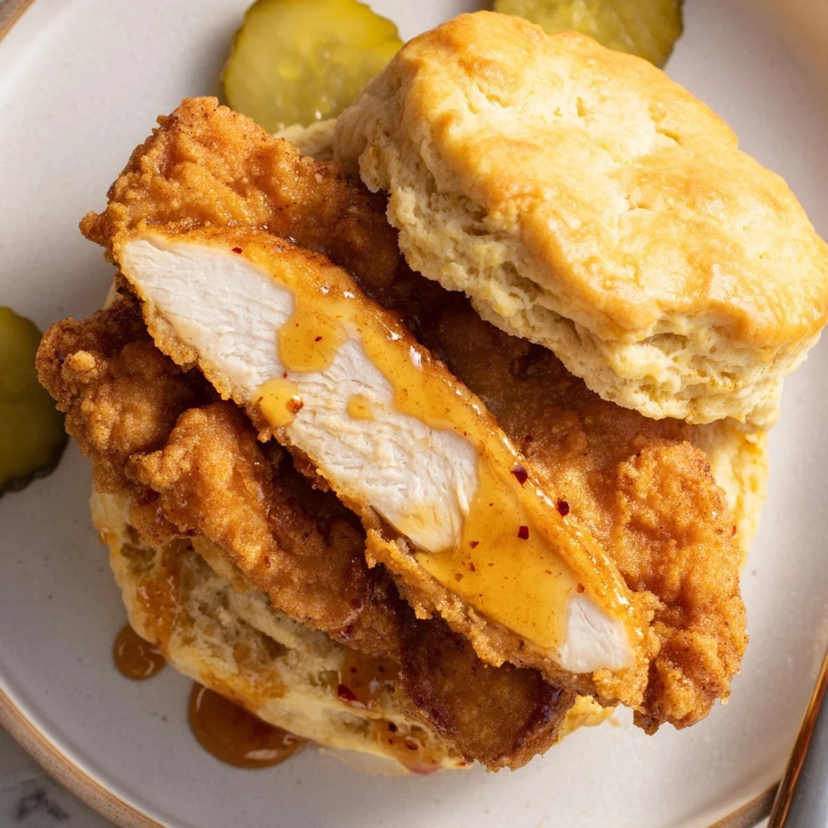 Hot Honey Chicken Biscuits served warm, buttery rounds hugging spicy-sweet chicken