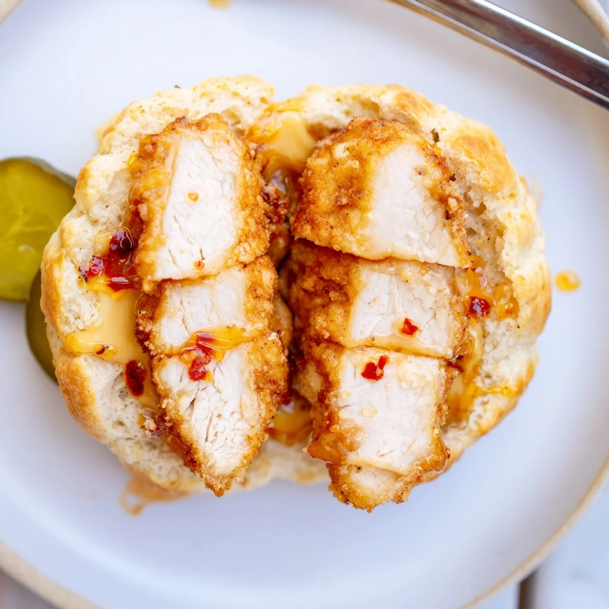Buttermilk Hot Honey Chicken Biscuits with crispy fried cutlet and sticky peppered honey