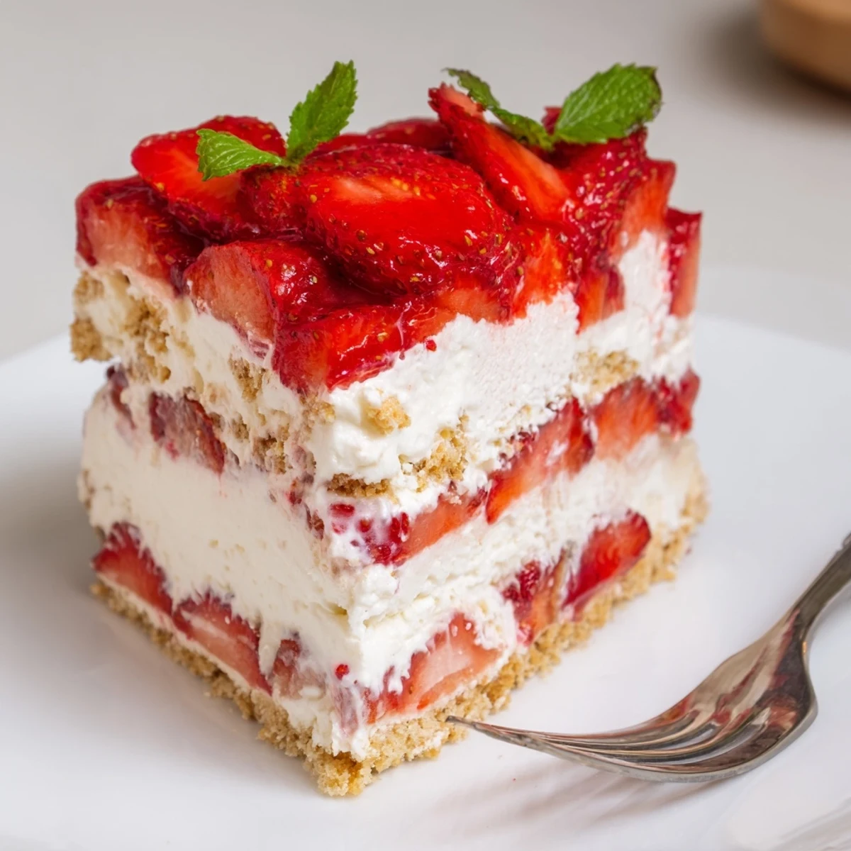 No Bake Strawberry Shortcake Dessert with creamy layers, juicy strawberries, chilled for serving