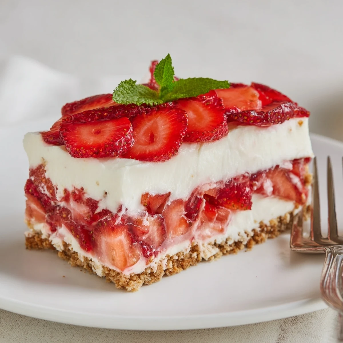 Glass dish of No Bake Strawberry Shortcake Dessert topped with mint, sliced strawberries