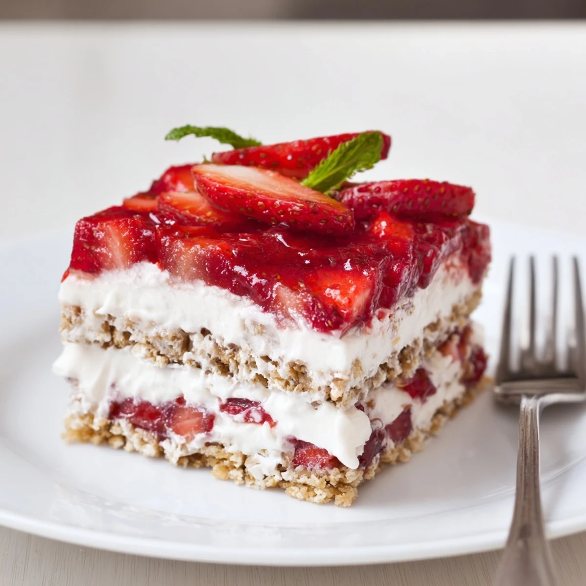 No Bake Strawberry Shortcake Dessert layered over crushed graham crackers, light whipped cream