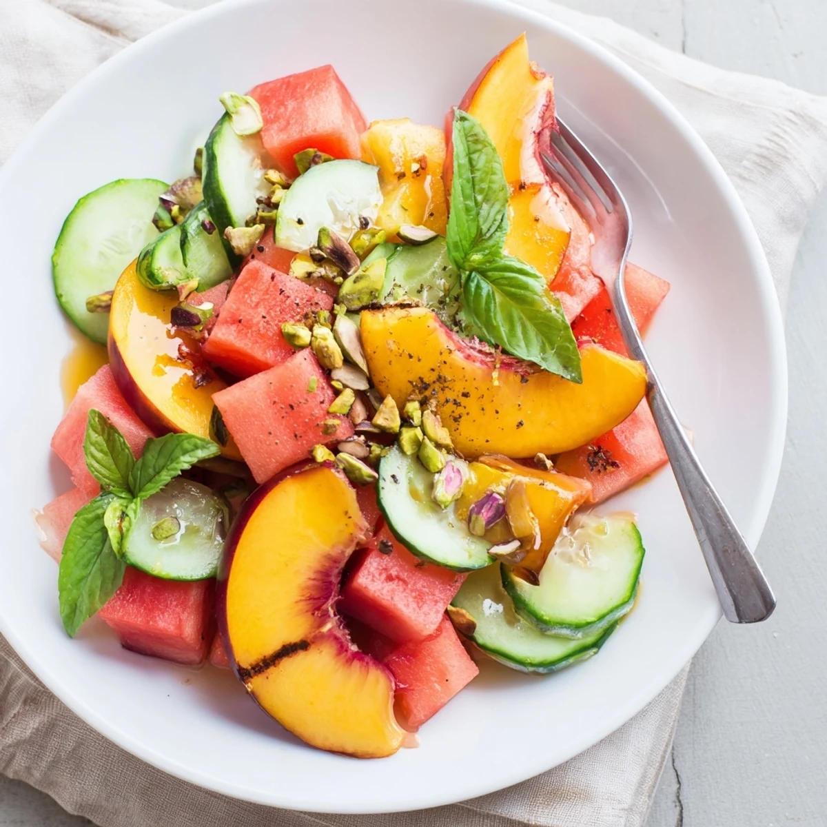Chilled Summer Peach Watermelon Salad with honey-lime dressing and toasted pistachios