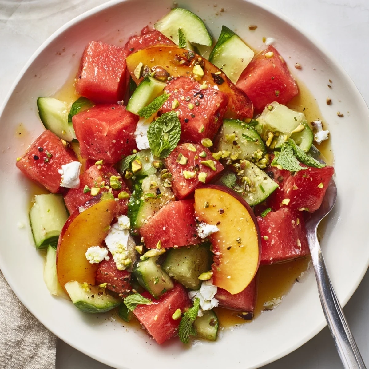 Summer Peach Watermelon Salad piled on platter, juicy bites, mint and feta