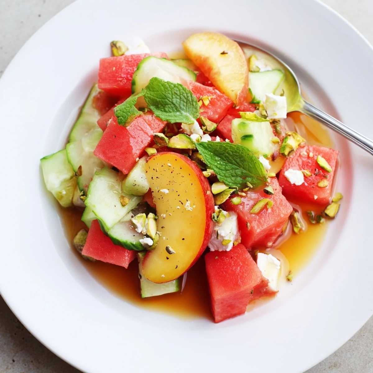 Bright Summer Peach Watermelon Salad tossed with cucumber, basil, and lime