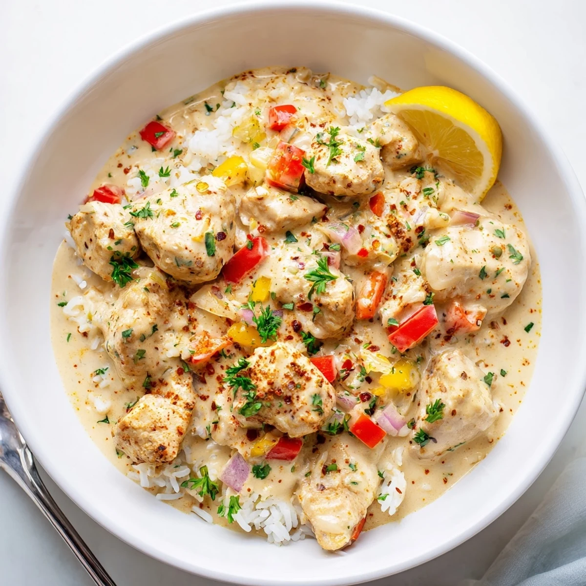 Creamy Cajun Chicken Rice Bowls steaming with tender chicken, fluffy rice, vibrant peppers.