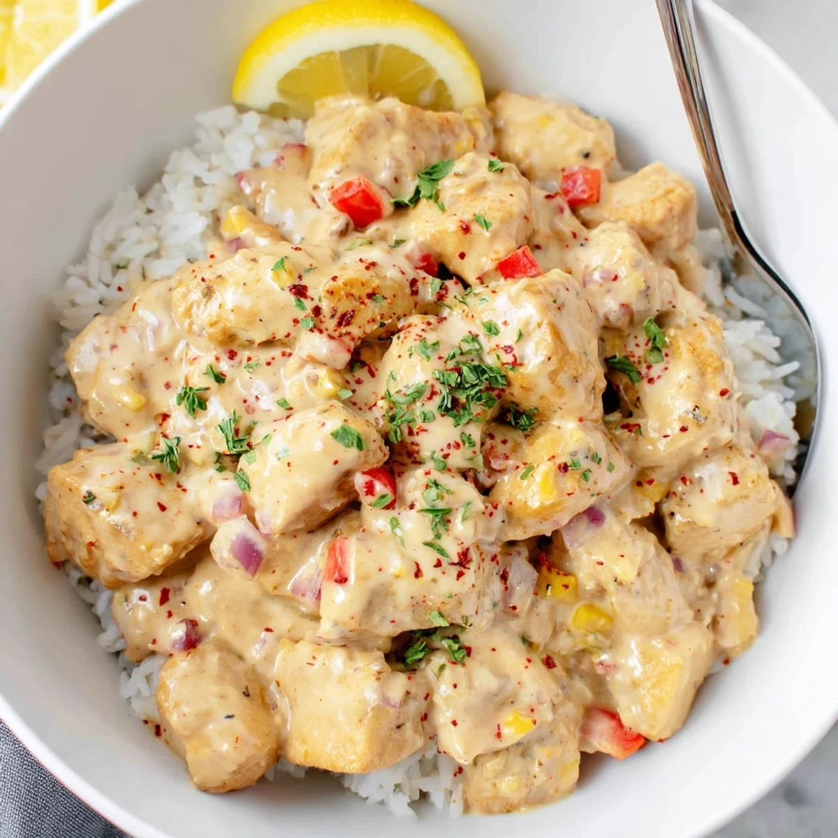 Warm Creamy Cajun Chicken Rice Bowls topped with parsley and lemon wedge.