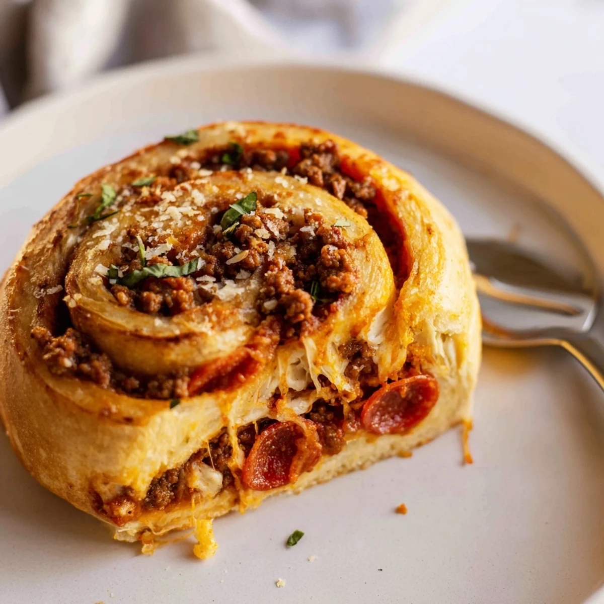 Warm Cheesy Beef Pepperoni Pizza Roll Ups Snack Recipe served with tangy pizza sauce.