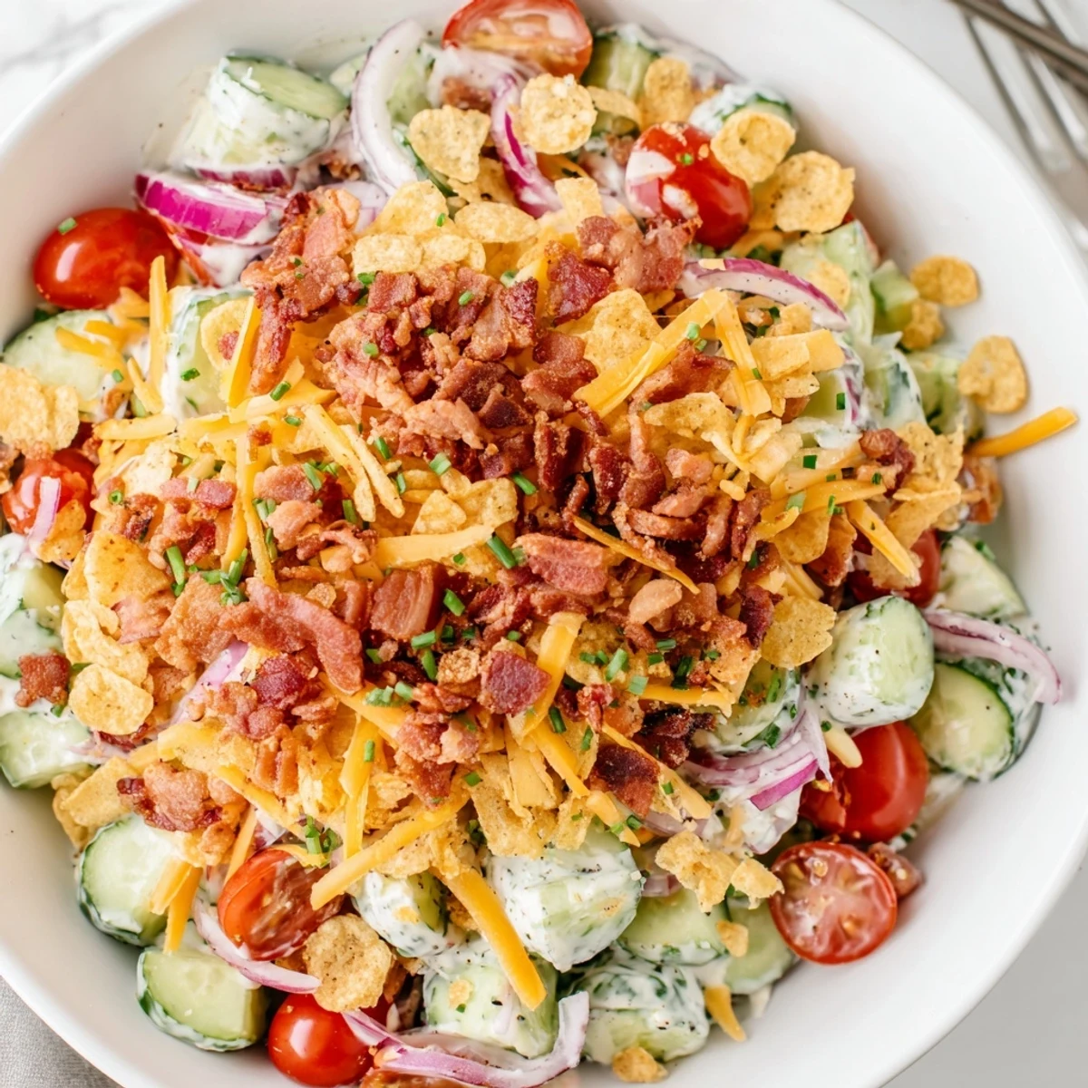 Cucumber Ranch Crack Salad piled in bowl, creamy ranch, crispy bacon topping