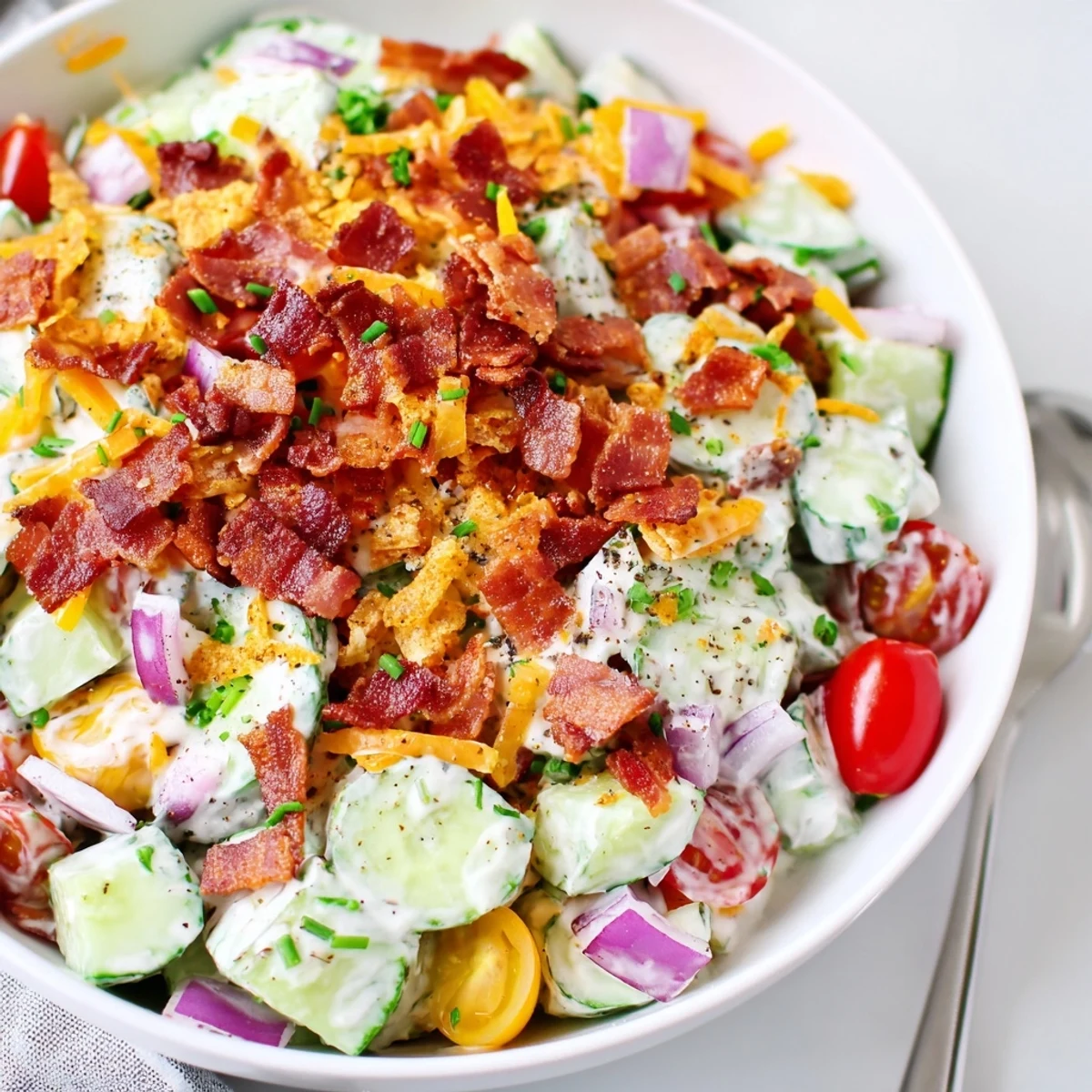 Bright Cucumber Ranch Crack Salad with crunchy chips, sharp cheddar, fresh chives