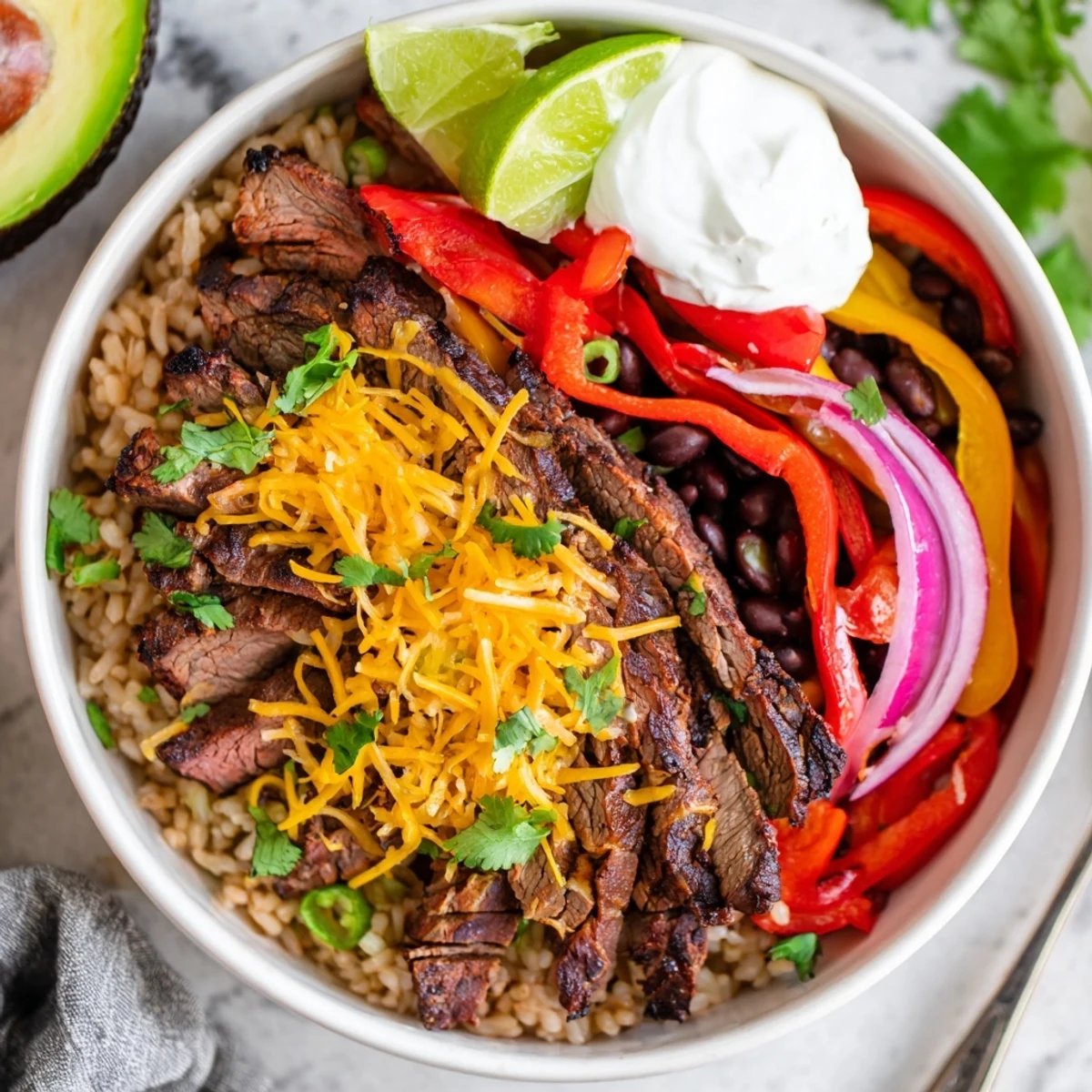 Skillet seared Steak Fajita Power Bowls with charred peppers, creamy avocado, lime wedge.